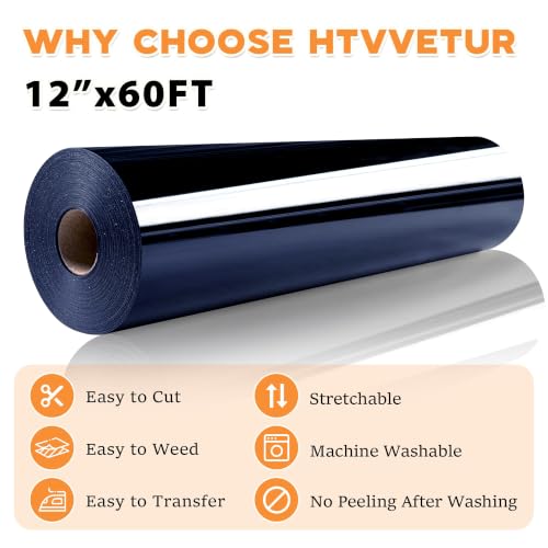 Image of HTVVETUR Iron on Vinyl, Navy, 12 Inch by 60ft Heat Transfer Vinyl | Stretchy T-Shirt HTV Rolls for All Cutter Machine - Easy to Cut & Weed