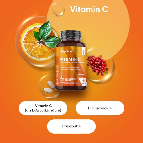 Vitamin C 1000mg pro Tablette - 180 vegane Tabletten für 6 Monate - Vitamin C trägt zu einer normalen Funktion des Immunsystems bei (EFSA) - Vit C mit Bioflavonoiden & Hagebutte - WeightWorld