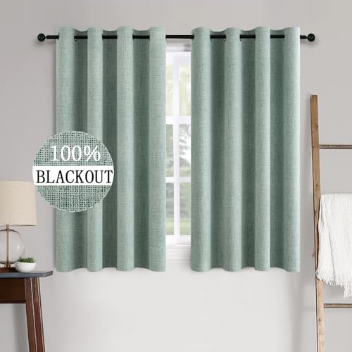 Image of MIULEE Linen Texture Curtains for Bedroom Solid 100% Blackout Thermal Insulated Seafoam Green Curtains Grommet Room Darkening Curtains /Draperies for Living Room 52x54 Inch (2 Panels)