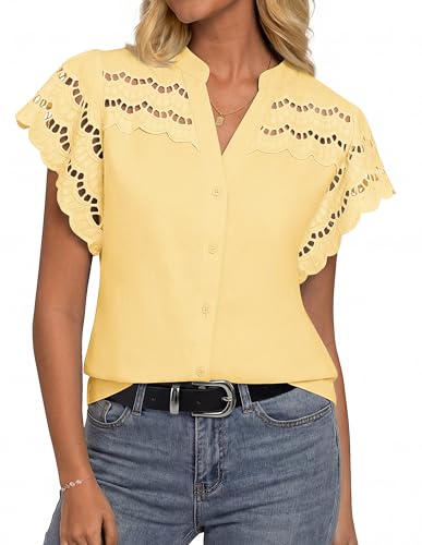 GRACE KARIN Womens Summer Tops Cotton Linen Eyelet Flowy Blouses Beach Vacation V Neck Button Down...