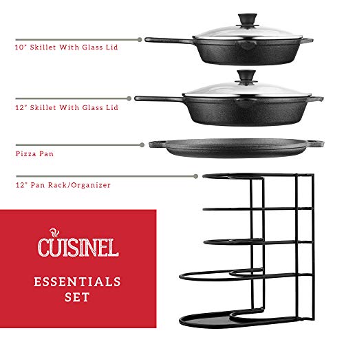 Image of Cuisinel Cast Iron Cookware Set - 6-Pieces Pre-Seasoned Kit: 10 inch+12 inch Skillet + Glass Lids + Pizza Pan + Pan Rack Organizer + Silicone Handle Covers + Scraper /Cleaner - Grill, Camping, Indoor /Outdoor