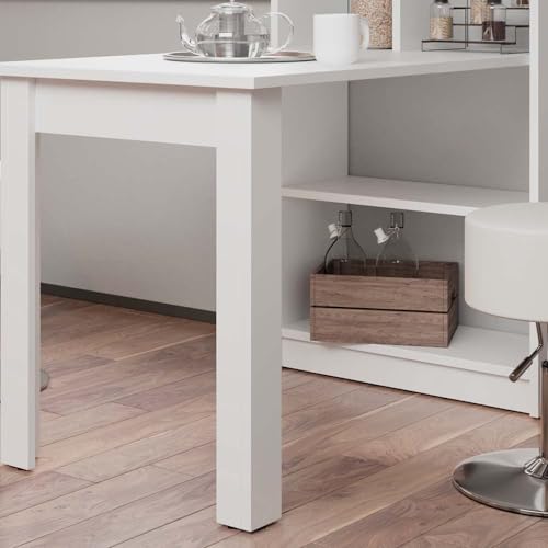 Table à manger blanche 122cm avec 6 compartiments pour ranger ses ustensiles