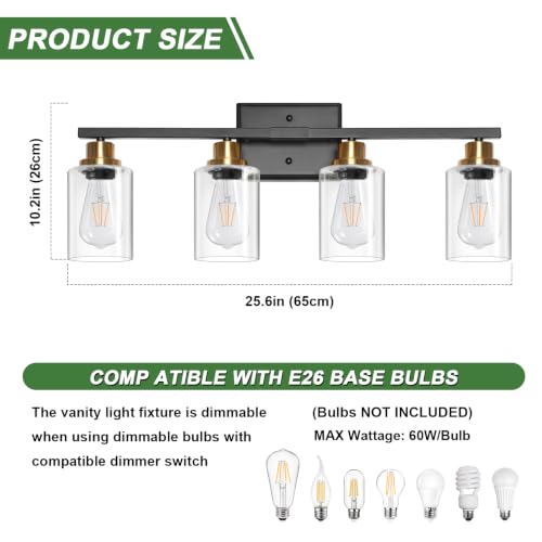 Image of Ascher Bathroom Light Fixtures, 4-Light Vanity Lights with Clear Glass Shade, Modern Black and Gold Wall Light for Mirror Bedroom Hallway Cabinet Porch