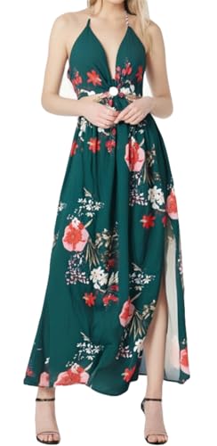 Image of Qikaka Women's Sleeveless Deep V Neck Floral Printed Metal Chain Bodycon Sexy Nightclub Party Boho Dress