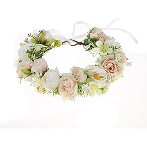 DreamLily Rustic Hippie Rose Crown Wreath Wedding Festival Floral Headpiece Flower Girl Headband DFS24 (Champagne) Cover
