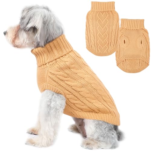 Image of Dog Sweaters Small Dog Clothes for Winter Solid Knitted Puppy Sweater Warm Pet Cat Sweater Doggy Pullover Outfit with Heart-Shape Design(Light Brown, Medium)