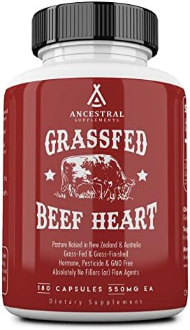 Ancestral Supplements Grass Fed Beef Heart Supplement, 3300mg, CoQ10 Supplement Supports Heart Health and Mitochondrial Health, Non-GMO, 180 Capsules