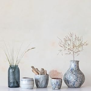 Creative Co-Op Hand-Painted Stoneware Planter with Pattern and Reactive Glaze, White and Blue Creative Co Op Hand Painted Stoneware Planter with Pattern and Reactive Glaze White and Blue