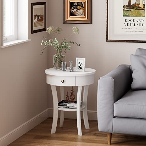 Giantex Round End Table With Drawer, 2-Tier Wood Side Table W/Open Shelf, Small Sofa Side Table For Small Space, Multipurpose Accent Table For Bedroom Living Room Home (2, White) #TOP5
