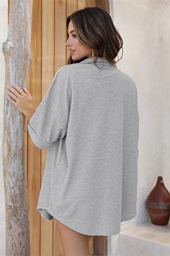 Ekouaer Waffle Knit Pajama Sets For Women Button Down Sleepwear Oversized Matching Lounge Sweatsuit Shorts Set Light Grey #TOP3