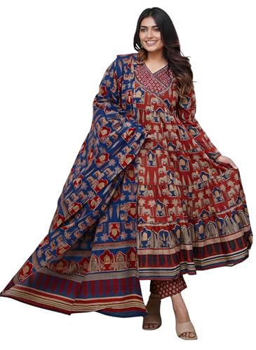 Image of Leriya Fashion Kurta Sets for Woman | Printed Jaipuri Ajrakh Kurta Set With Dupatta for Women | Kurti Set for Woman | Anarkali Suit for Women | Traditional Anarkali Salwar Suit for Party Outfits Kurtis