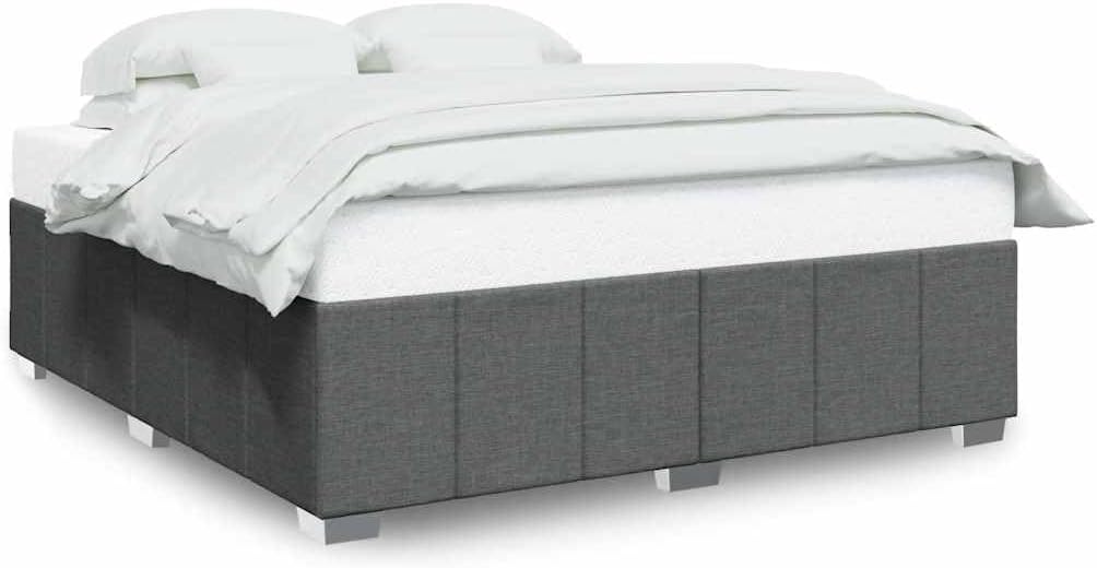King Bed Frame Dark Grey Fabric Upholstery Durable Platform Foundation with Slatted Sturdy Design Easy Assembly Minimalist Modern Bedroom Furniture Mattress Support