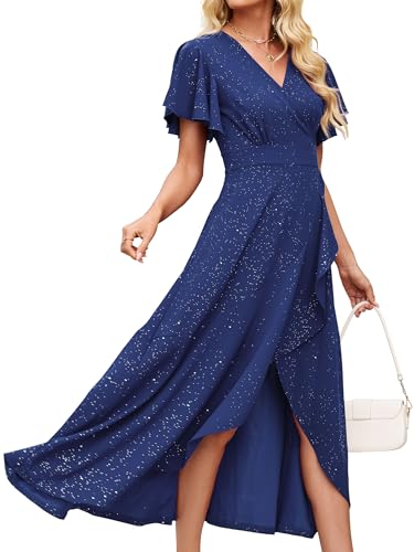 Image of Long Black Formal Dresses for Women Gowns Evening Party Cocktail Dress,Split Elegant V Neck Wrap Ruffle Wedding Guest Dresses