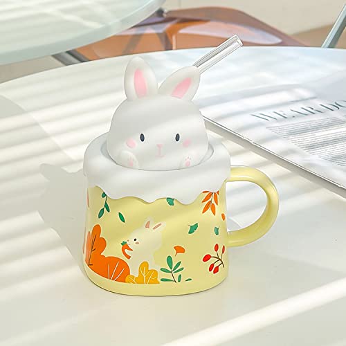 KEEPAQ Keramische Becher, Kreativ Niedlich Kaffee Tee Milch Saft Becher mit Henkel und Exquisite Muster, Geschenke für Sie Frauen Mädchen Kinder Valentinstag Muttertag Geburtstag (Rabbit A-Gelb) Cover