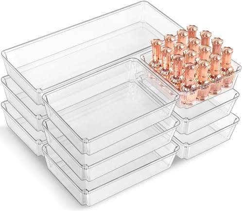 Image of 9 PCS Clear Plastic Drawer Organizer Sets, 3 Sizes Vanity Organizer Trays Stackable Storage Bins for Kitchen, Cabinet, Bathroom, Office, Laundry Room Organizing