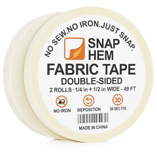 SNAPHEM Double-Sided Fabric Tape (2 Rolls) - No Sewing No Ironing Required, Perfect for Quick Clothing Repairs, Fabric Bonding, Adhesive Cloth Tape for Hemming and DIY Crafts (1/4inch+1/2inch