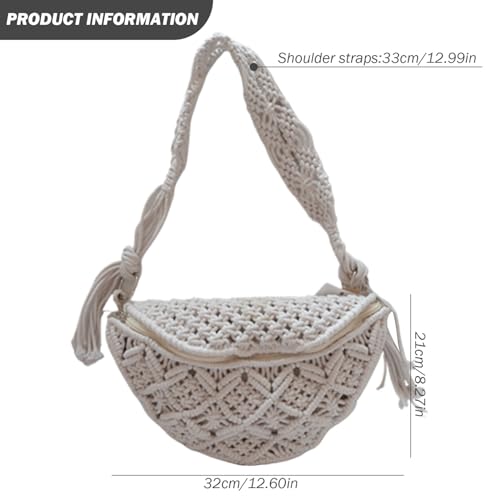 Crochet Beach Bag Boho Woven Cotton Rope Straw Crossbody Bag for Women Rustic Style for Party, Travel, Date (White) Crochet Beach Bag2