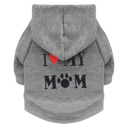 Izefia Dog Hoodie Clothes I Love My Mom Fleece Sweater Winter Sweat Shirt Warm Cotton Hoodies for Small Dogs Cat Mum Grey XS