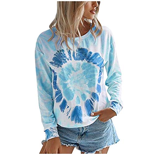 Dosoop Womens Casual Tie Dye Print Crewneck Long Sleeve Loose Pullover Sweatshirt Color Block Tunic Blouses Tops