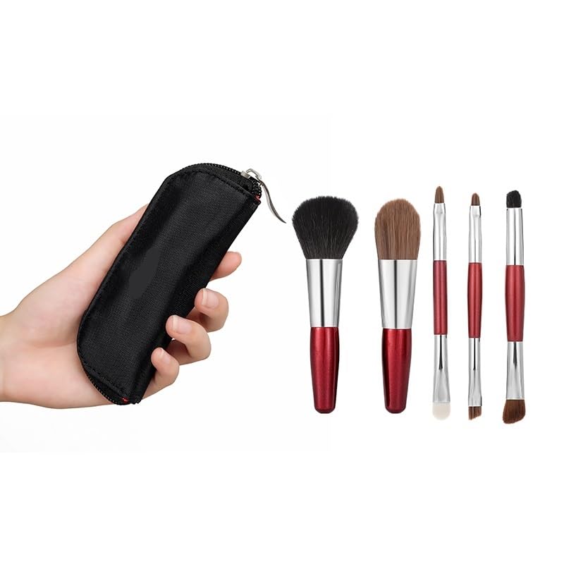 Juego de mini brochas maquillaje 5 piezas, sombra ojos, base y corrector, pinceles for labios, herramientas portátiles(Red goat hair)