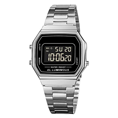 Nicoone Digitaluhr mit Edelstahlband, LED-Hintergrundbeleuchtung, wasserdicht, stilvolle Armbanduhr für Herren (Plata + Negro)