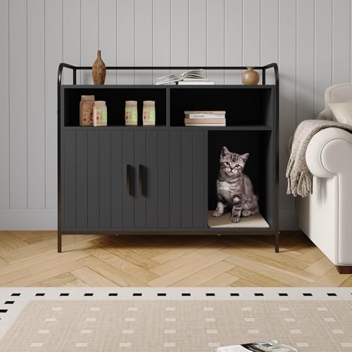 37.5 Inch Modern Wooden Litter Box Enclosure with Storage Rack, Multi-Functional Furniture-Style Litter Cabinet with Ventilation Hole/Side Entry, Fits Most Litter Boxes,for All Kinds of Cats