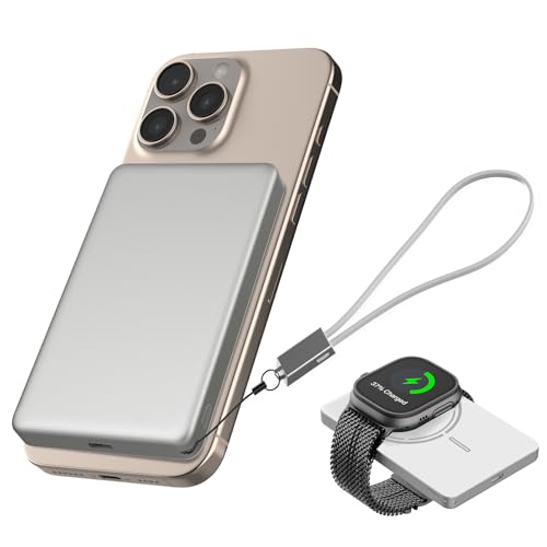 JUOVI Magnetico Wireless Power Bank, Ultra-Slim 5000mAh Piccolo Caricatore Portatile 20W PD Ricarica Rapida Mini Batteria Esterna con Cavo USB C per MagSafe i-Watch iphone 16 15 (Bianco, 20W)