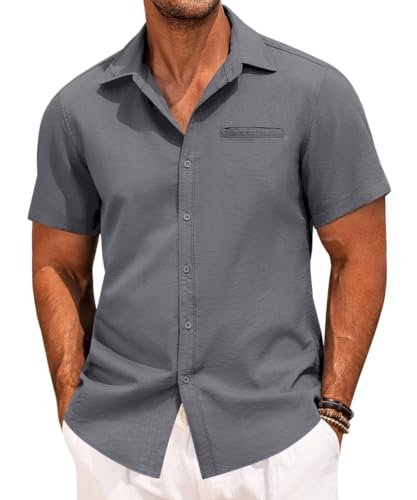 PORCLAY Short Sleeve Shirts for Men Summer Casual Button Down V Neck Tops Collared Solid Beach Blouses