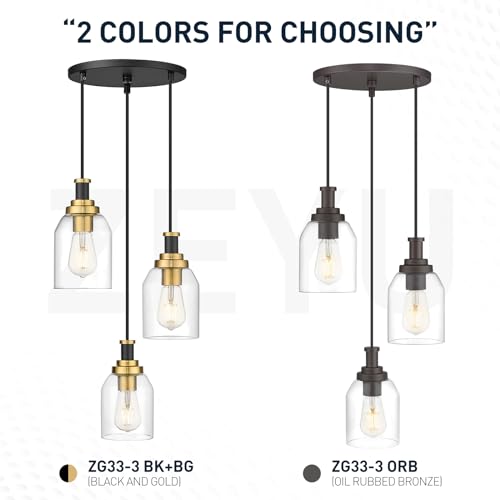 Image of zeyu 3-Light Pendant Lighting, Adjustable Farmhouse Cluster Pendant Light for Kitchen Dining Room, Oil Rubbed Bronze Finish with Clear Glass Shade, ZG33-3 ORB