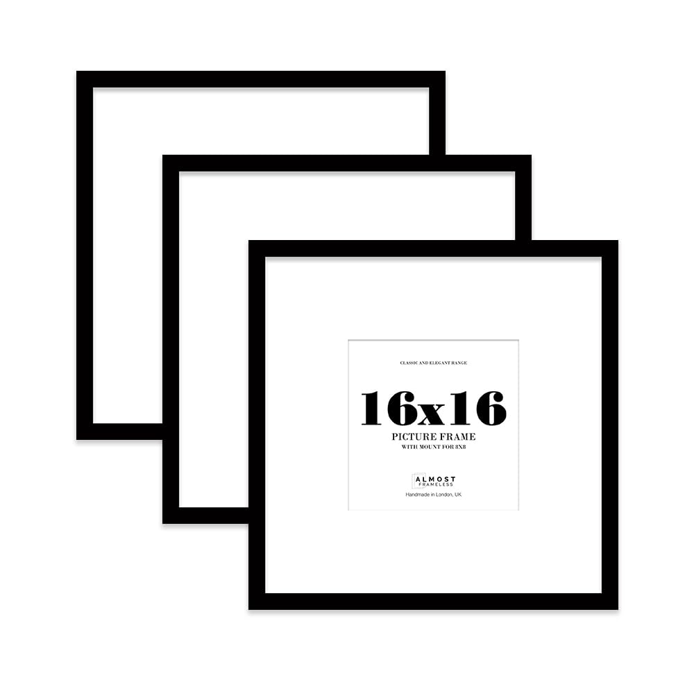 16x16 Black Picture Frame with Large Mount for 8x8 Photos, Prints - Modern Square Wall Frame, Set of 3