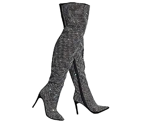 Anne Michelle Women's All Over Diamond Rhinestone Stripe Front Slouchy Thigh High Stiletto Boots