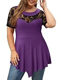 Magritta Womens Short Sleeve Casual Crew Neck Tunic Tops Asymmetric Lace Plus Size Dress Shirts for Women Purple 5X