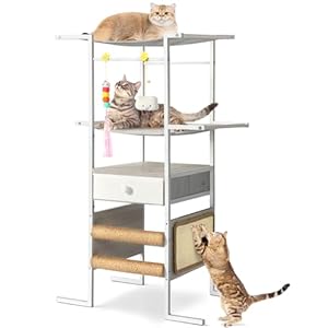 Modern Cat Tree with Sisal Scratching Post,Cat Scratcher,Cat Tower with Cat Hammock Bed Perch,Toys,Storage Drawer,Small Cat Tower Tree Stand,Cute Cat Condo for Kittens Medium Cats