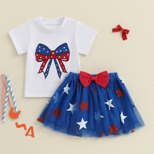 Kayotuas Toddler Baby Girl 4th of July Outfit American Flag Shirt Red Blue Stars Tulle Tutu Skirts Kids Fourth of July Dress2