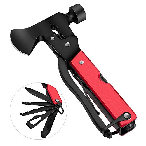 Camping Gear Multitool, Stainless Steel Multitool in Durable Black Oxide, Gifts for Men & Women, 14 in 1 Survival Gear for Outdoor Hunting Hiking, Emergency Escape Tool with Axe, Hammer, Plier, Knife