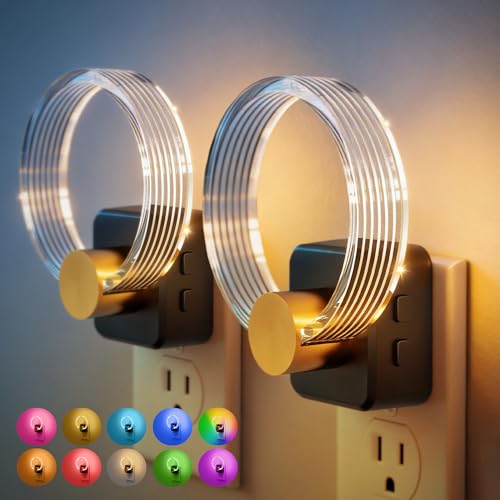 Image of JandCase Night Light, 2 Pack Color Changing Night Lights Plug into Wall | RGB Nightlight with Light Sensor, 180 Rotatable Plug in Nightlights, Dimmable Ring Acrylic Night Light for Kids Gift Hallway