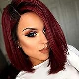 aHairBeauty Red Ombre Short Bob Straight Synthetic None Lace Hair Wigs Dark Roots Left Part for Women Black & Burgundy(#1B/99J)