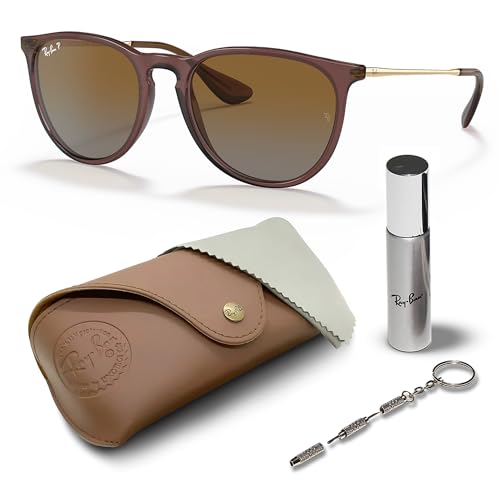 Ray-Ban Erika Panto-Classic RB4171 Ensemble de lunettes de soleil, étui exclusif et kit d'entretien, marron foncé poli, dégradé de couleur marron foncé