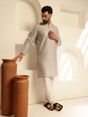 Image of SOJANYA (Since 1958 Men's Silk Blend Long Kurta with Subtle White Detailing | Traditional Ethnic Wear for Navratri