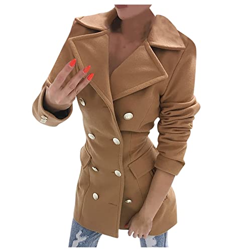 DOGZI Abrigo de lana sólida para mujer, elegante, para oficina, trabajo, otoño, invierno, manga larga, con botones, blusa para mujer, caqui, XL