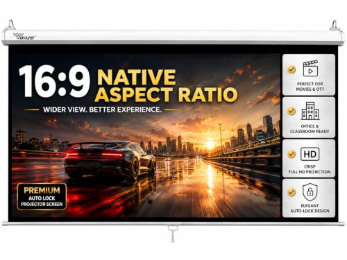 Image of TONZO 100 Inch Projector Screen 16:9 Aspect Ratio Autolock /Instalock Projector Screen White Fabric Matte Manual Projection Screen for Classroom, Home Theater or Office (5 Ft Height x 7 Ft Width)