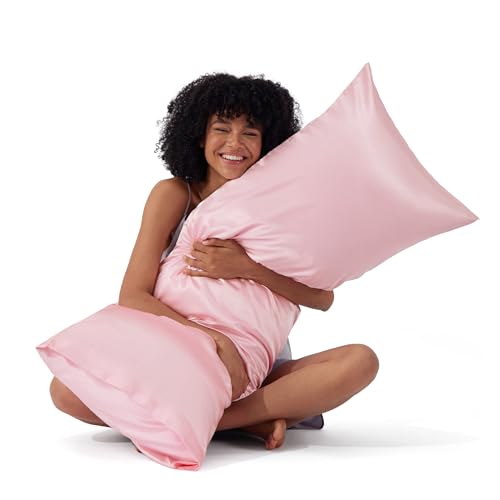 Image of Bedsure Body Pillow Cover 20x54 Inches - Pink Satin Similar to Silk Pillowcase for Hair and Skin, Cooling and Silky Long Body Pillow Pillowcase with Envelope Closure, Gifts for Women Men