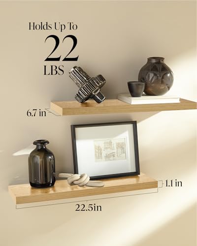 Image of BAYKA Floating Shelves for Wall, 22.5 inches Wall Mounted Rustic Wood Shelves for Bathroom, Bedroom, Living Room, Floating Shelves for Books /Storage /Decor (Light Oak-Toned,Set of 3)