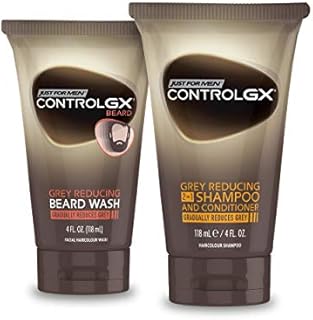 Just For Men Control GX Multipack, 2 in 1 Grey Reducing Shampoo and Conditioner and Mustache and Beard Wash, Gradually Colors Grey Hair, 4 oz. Bottles