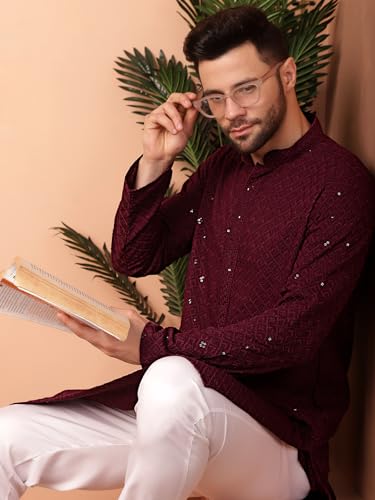 Image of Jompers Men's Purple Embroidered and Sequence Kurta with Pyjama (Purple, S)