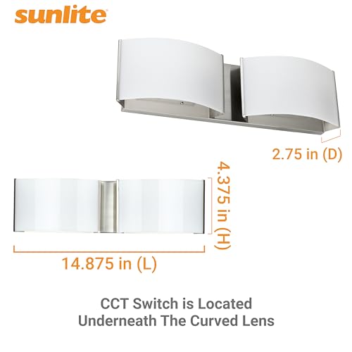Image of Sunlite 82112 LED Decorative Vanity Light Fixture, 20 Watts, 1300 Lumens, Color Selectable 30K /40K /50K, 2 Lights, Dimmable, 90 CRI, ETL Listed, Brushed Nickel, for Bathroom, Powder Rooms, and Hotels