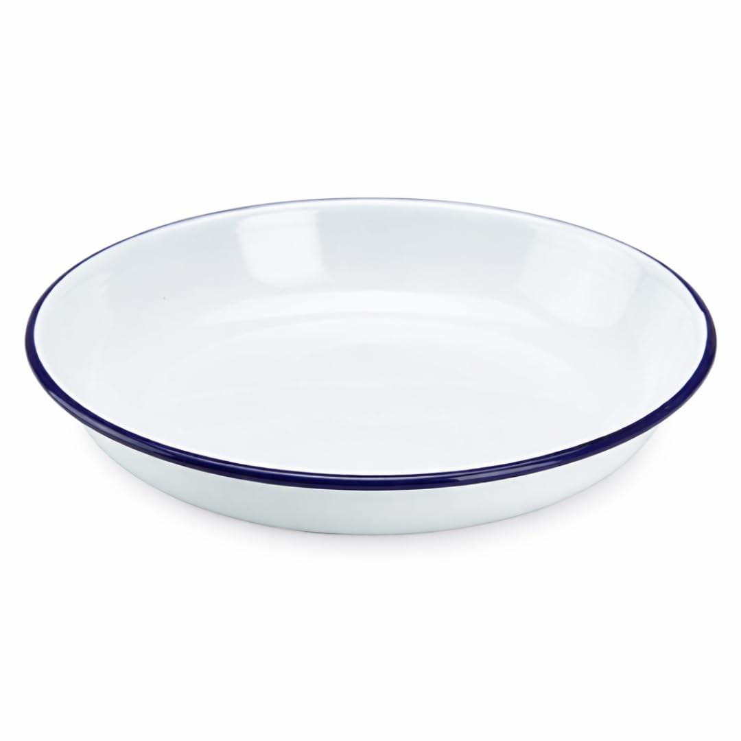 Premium Quality Traditional Enamel White Blue Trim Rice Plate 20cm, Pasta, Dinner Plate, Round Pie Plate, Soup Plate, Mixing Bowl, Deep Dish Tableware Crockery