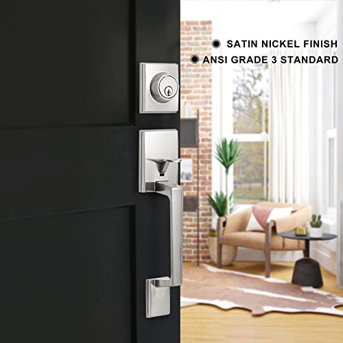 Neutype Front Door Handle Set Satin Nickel Double Door Handle Set With Dummy Heavy Duty Double Door Lock Set, With Single Cylinder Deadbolt And Lever Handle, Compatible With Right & Left Handed Doors #TOP6