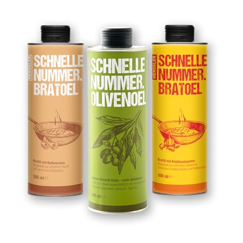 HENSSLERS Ölrounder 3er Set – Bratöl auf Rapsbasis mit Butternote und Knoblaucharoma, Olivenöl für warme und kalte Speisen, vegan, 3 x 500 ml