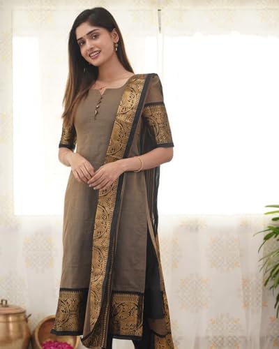 Image of TWINLIGHT Women's Kanchi Cotton Peacock Jaquard Work Kurta and Dupatta Set with V Neck Half Sleeves Straight Calf Length Kurti and Peacock Design Dupatta
